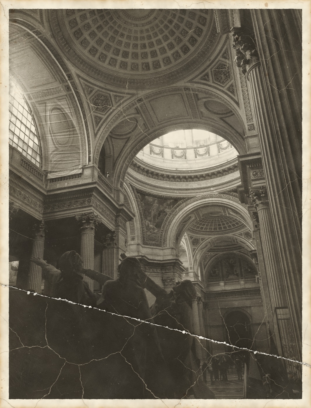 A print of the Pantheon aged with a cracked crease, crackle, foxing, fading, grime and stained edges