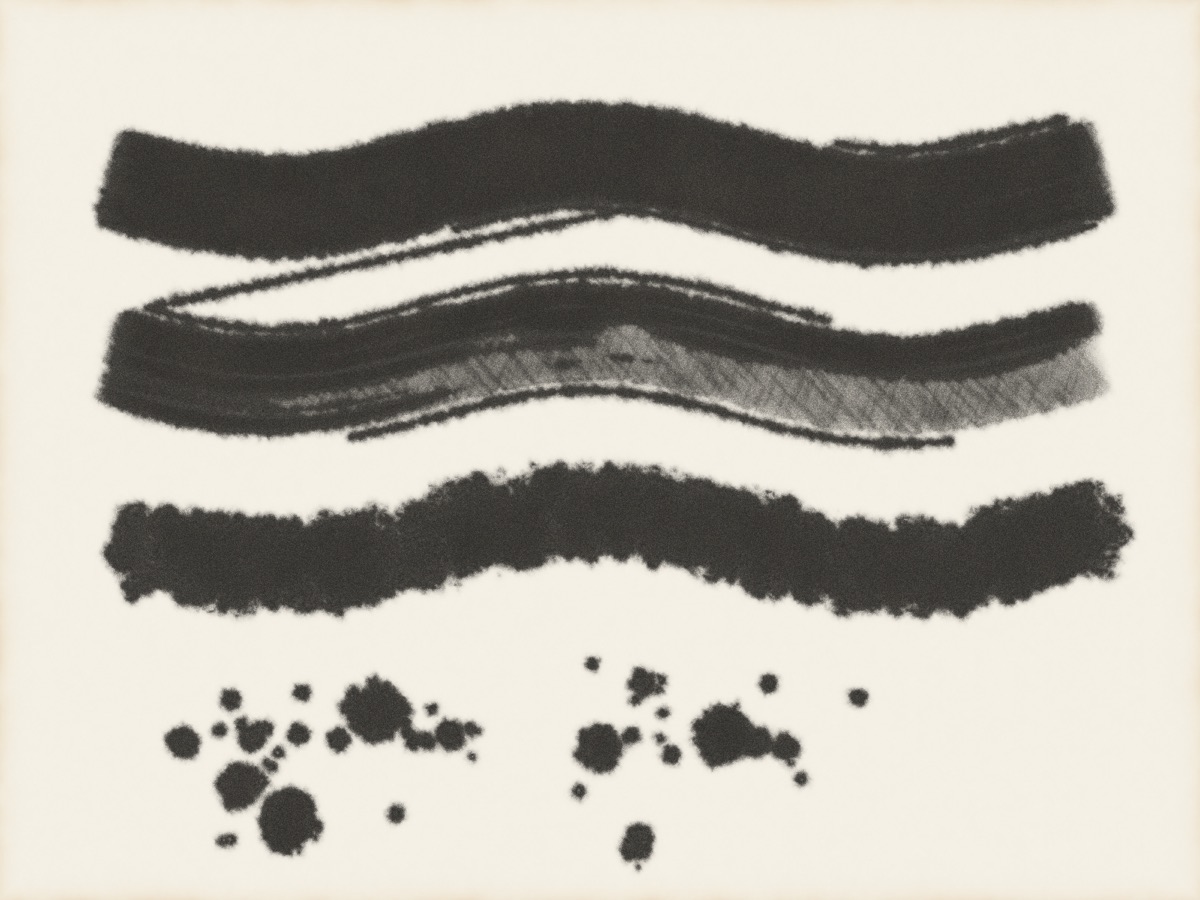 Four brush tips: bristle, light bristle, heavy bristle and soft, plus spattered drops