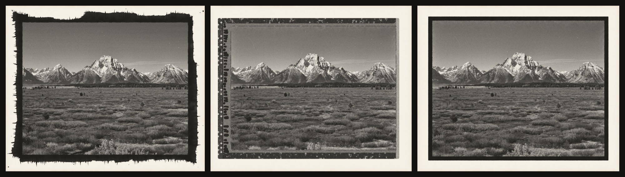 The same print with three edges: hand-coated emulsion, a Type 55 rebate and a filed-out carrier